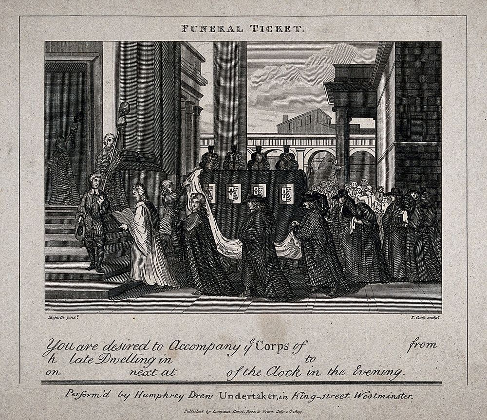 A funeral procession entering a church. Etching by T. Cook after W. Hogarth.