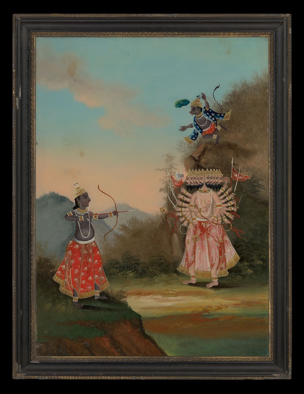 Rama (left) and Hanuman (above, right) fighting the demon Ravana (right). Oil  painting.