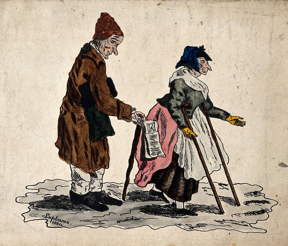 A man with a stick selling song-sheets is accompanied by a woman moving with the aid of two crutches. Coloured etching by…