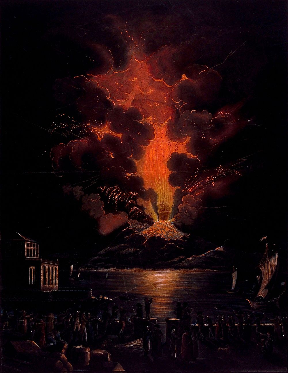 Eruption of the Vesuvius at night; people watching the eruption in the foreground. Aquatint by F. Weber after A. d'Anna, ca.…