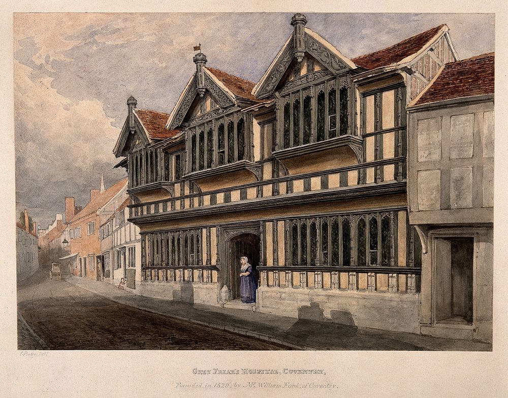 Ford's Hospital (Greyfriars' Hospital), Coventry: a woman standing at the entrance. Watercolour by E. Pretty.