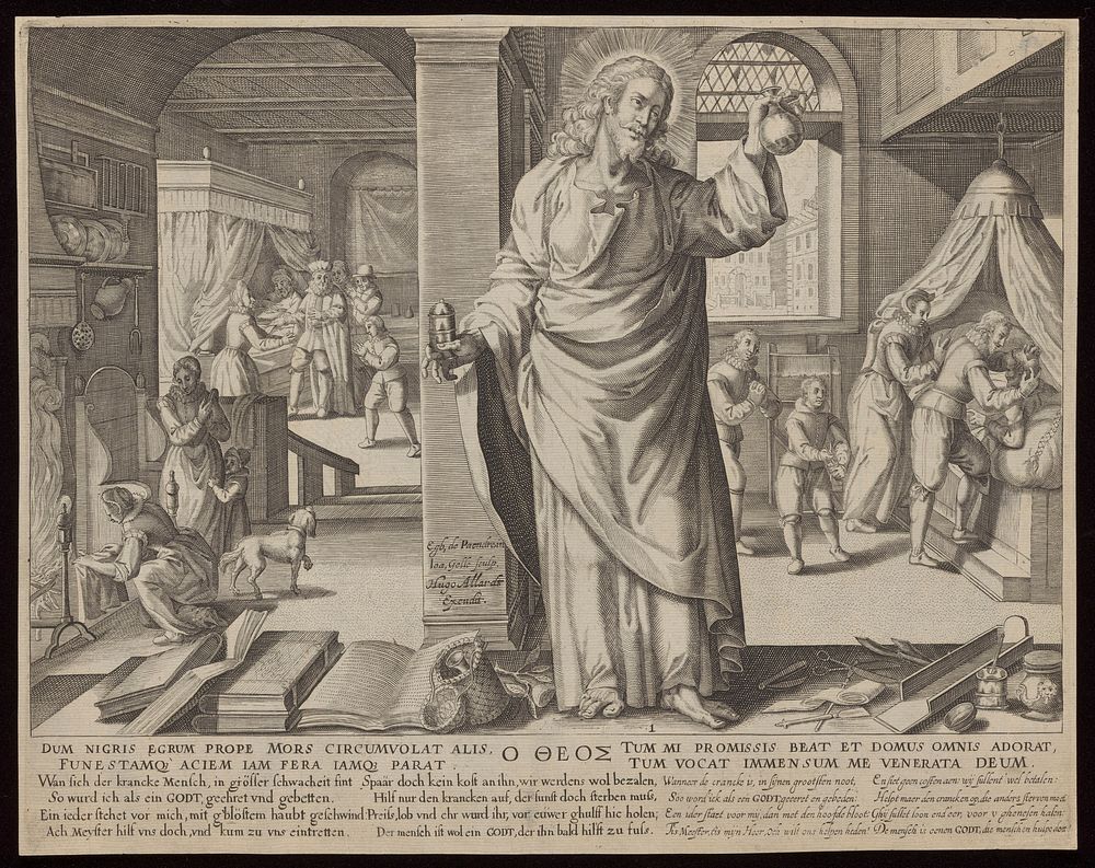 The medical practitioner appearing as Christ when he arrives to treat sick people. Engraving by Johann Gelle after E. van…