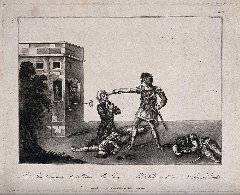 An man in classical costume (Lord Strawberry), standing outside a prison, is pointing his pistol at the man kneeling at his…