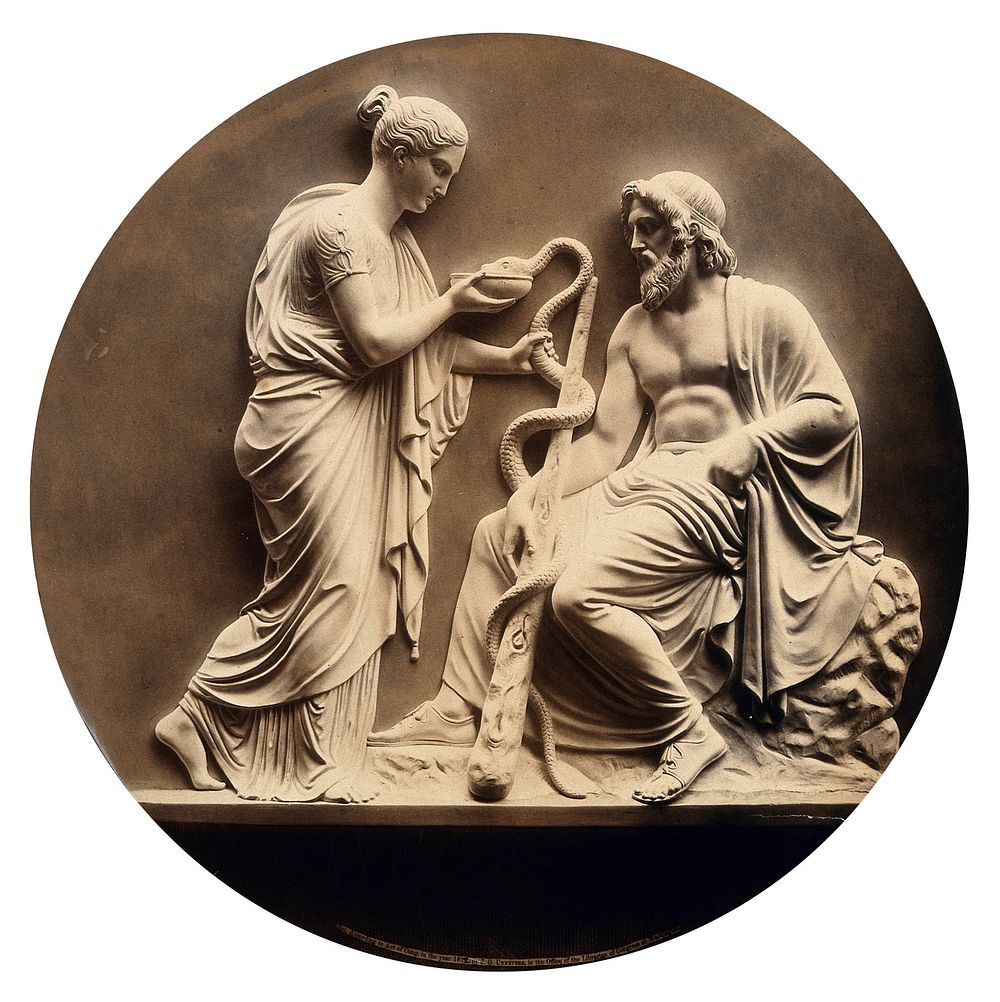 Aesculapius, the God of Healing, with his daughter Hygieia, the goddess of health. Photograph, ca. 1890 , of a bas-relief.