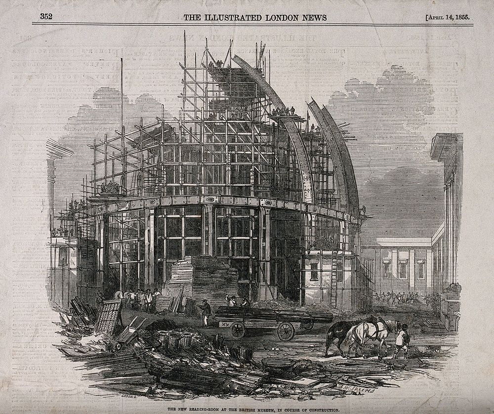 The British Museum: the reading room under construction. Wood engraving by J. Brown after C. W. Sheeres, 1855.