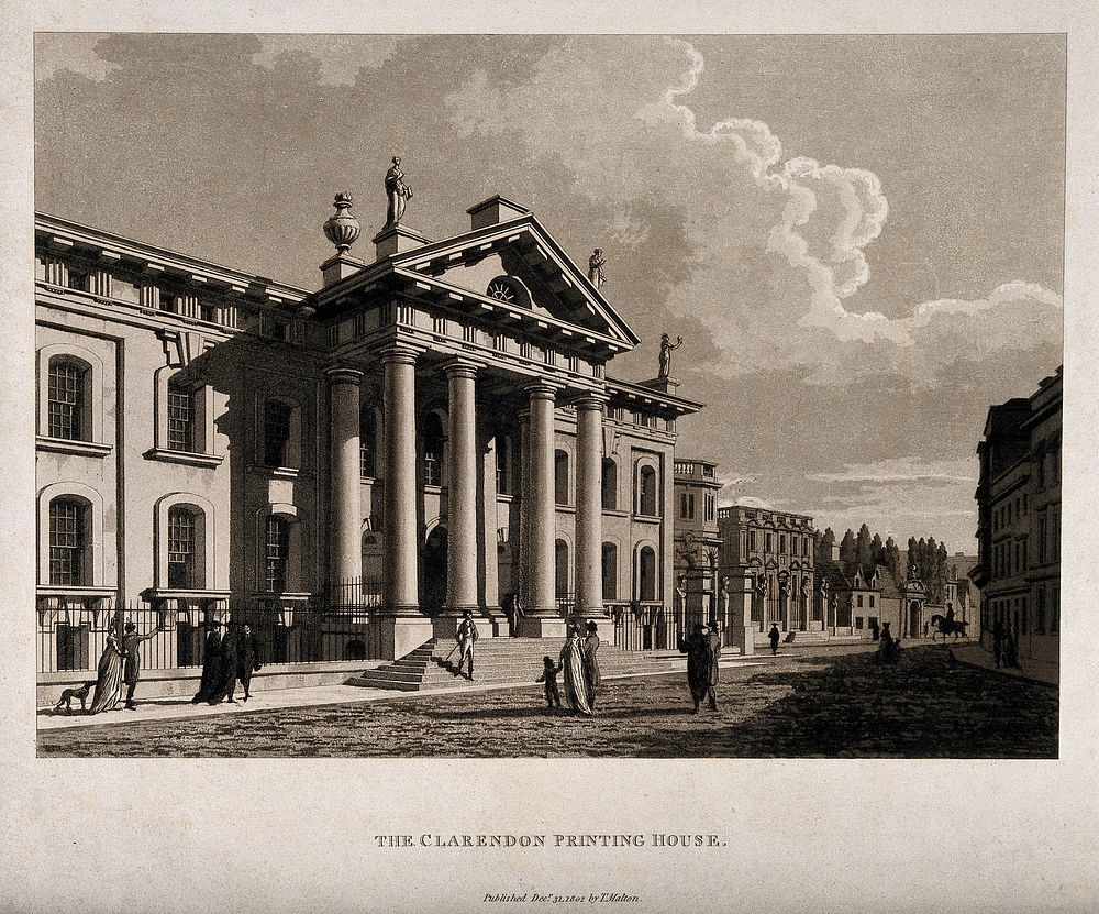 Clarendon printing house, Oxford: with a glimpse of the Sheldonian Theatre behind. Aquatint by T. Malton.