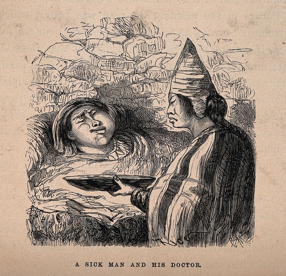 A Chinese  physician giving a sick patient a large bowl containing medicine . Wood engraving by G.M.