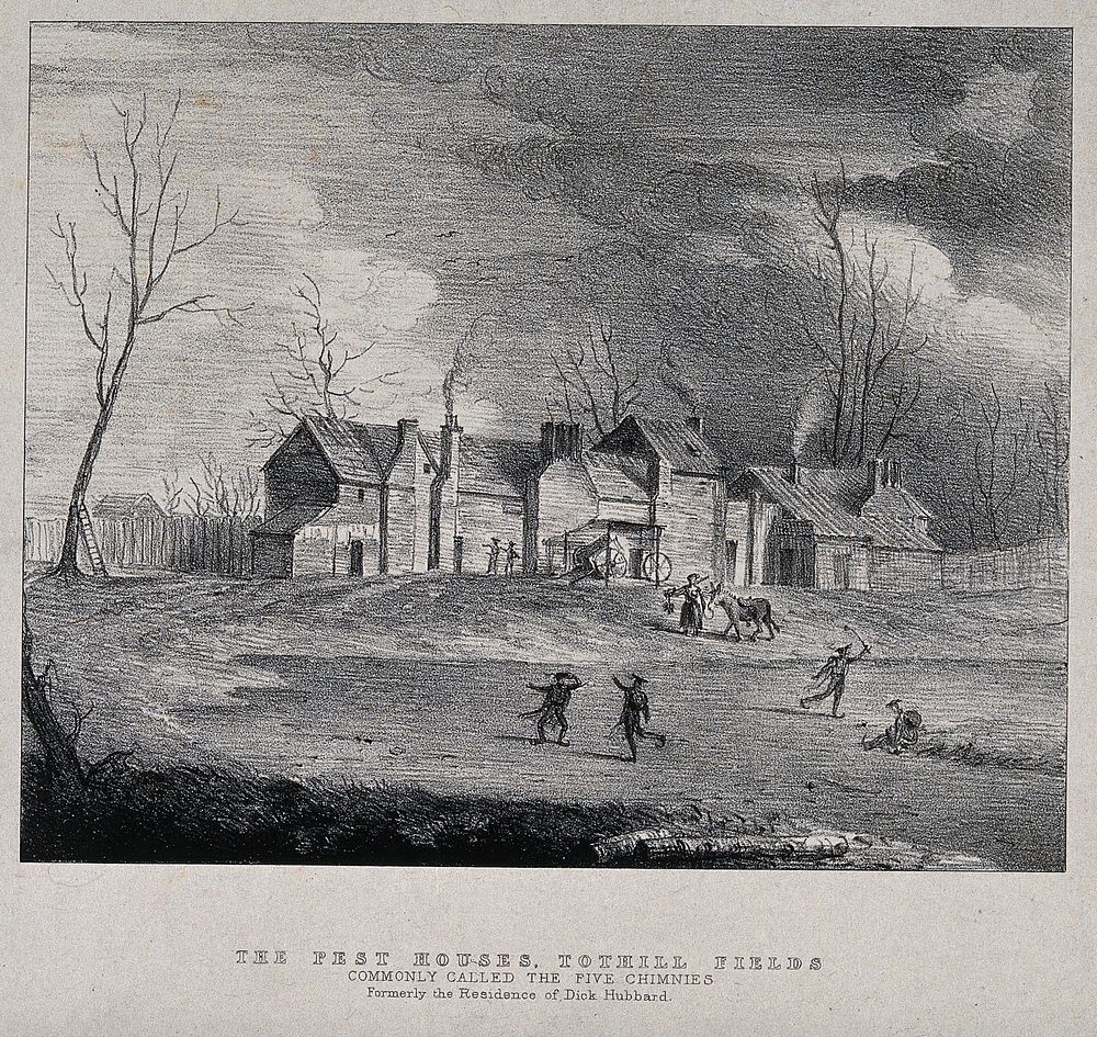 'Pest house' (isolation hospital in times of plague), Tothill Fields, Westminster, London. Lithograph, c. 1840.