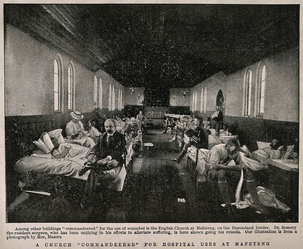 Boer War: a full military hospital ward in a church at Mafeteng, South Africa. Halftone, c. 1900, after M. Maseru.