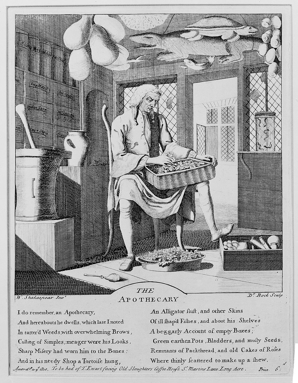 An apothecary sitting in his shop, sorting through materia medica, surrounded by paraphernalia of his profession. Engraving…