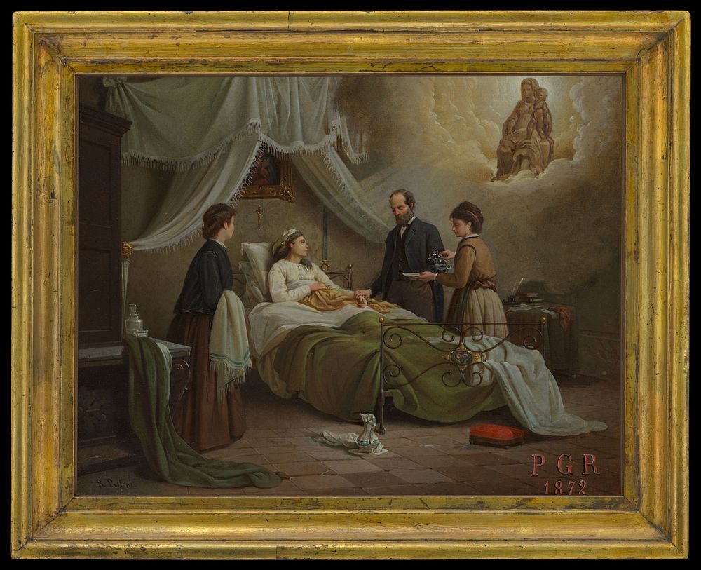 A woman in bed in a sick-room, attended by a physician, receiving the blessing of the Madonna del Parto. Oil painting by R.…