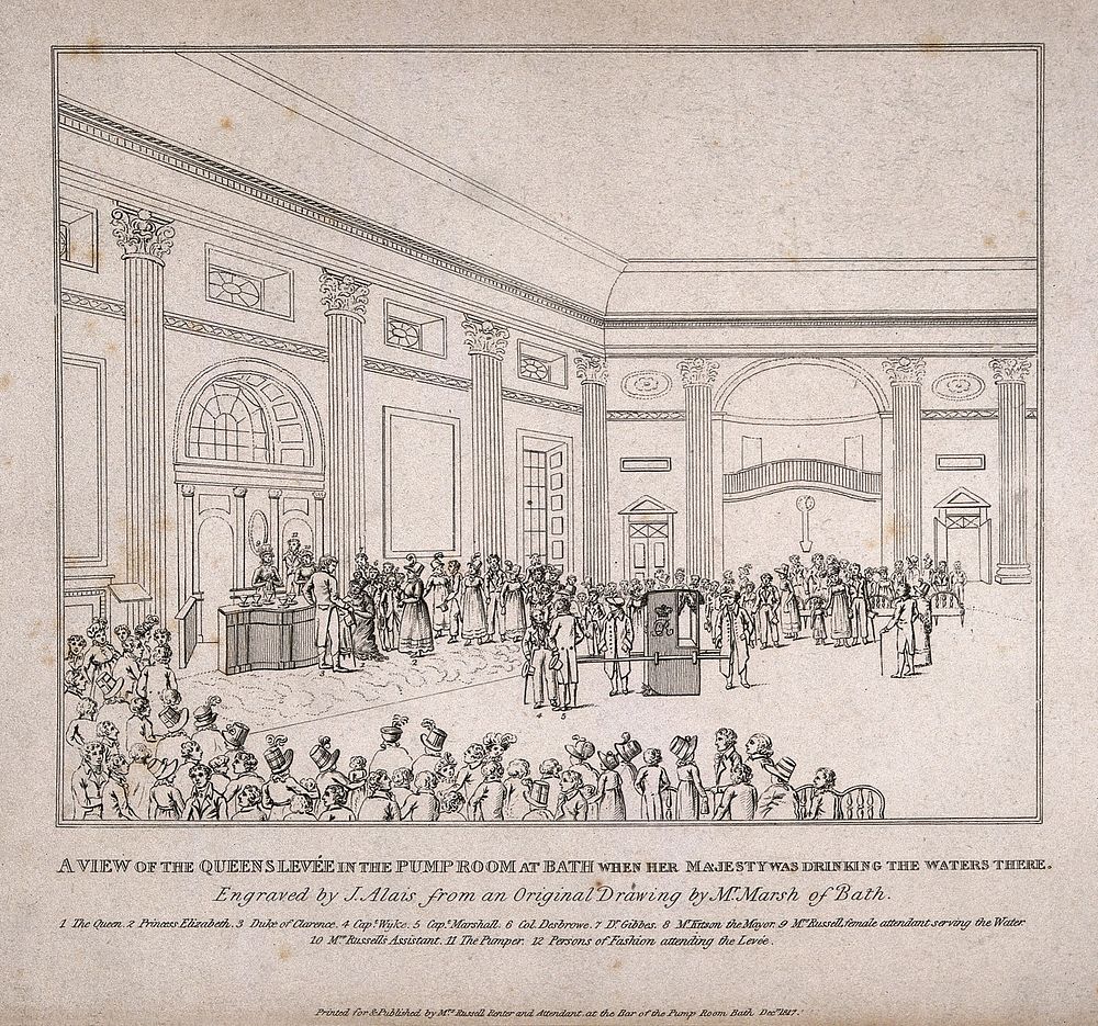 The Queen's levée and society figures drinking the waters in the pump room with a key to important society figures, Bath.…