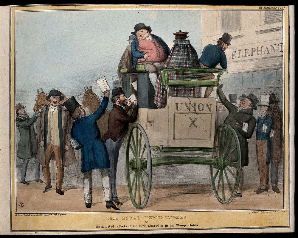 Marquess of Londonderry, Sir Roger Gresley and Daniel O'Connell attempt to sell newspapers to John Bull, Sauney and Paddy…