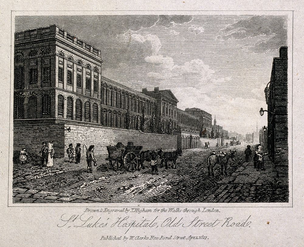 St Luke's Hospital, Cripplegate, London: the facade from the west. Engraving by T. Higham, 1817, after himself.