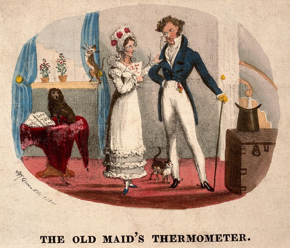 A fashionable middle-aged woman reprimanding a young male relative. Coloured lithograph.