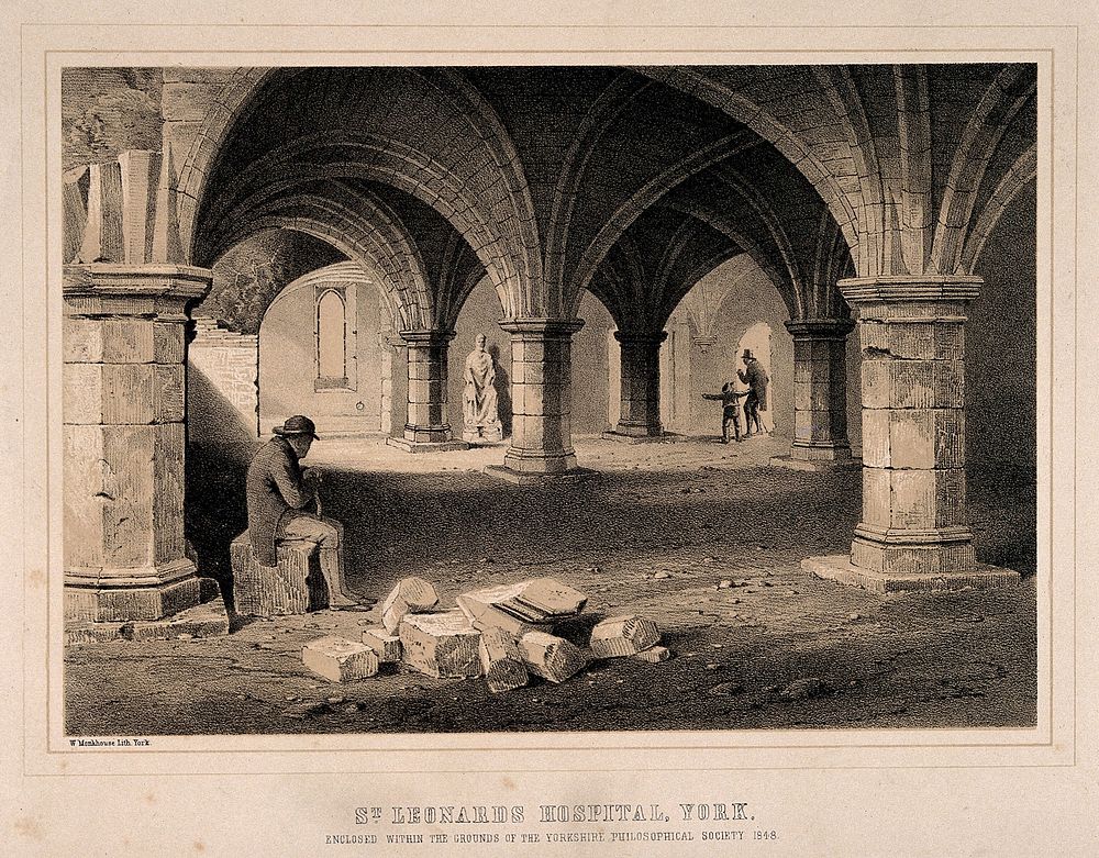 St. Leonard's Hospital, York, England: under the foundation arches. Transfer lithograph by W. Monkhouse.