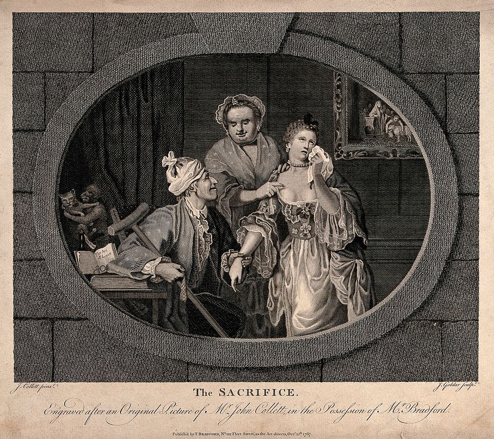 A young woman is weeping as she is being offered in marriage by her mother to a old, lame man. Engraving by J. Goldar after…