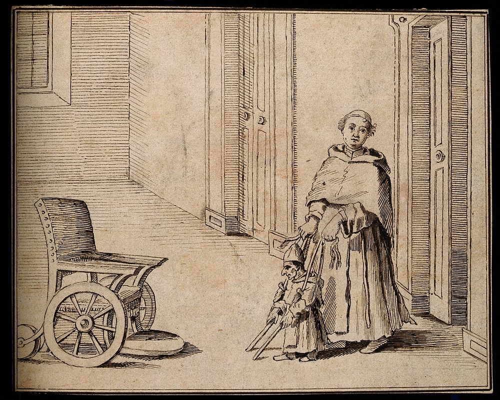 A lame dwarf being helped to a wheelchair by a monk. Pen and ink drawing after a design attributed to P.L. Ghezzi.