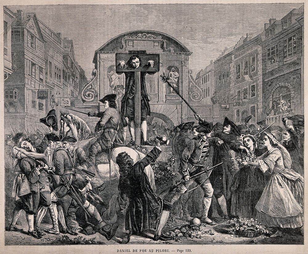 Daniel Defoe is standing in the pillory while soldiers have to restrain crowds from throwing flowers at him. Wood engraving.