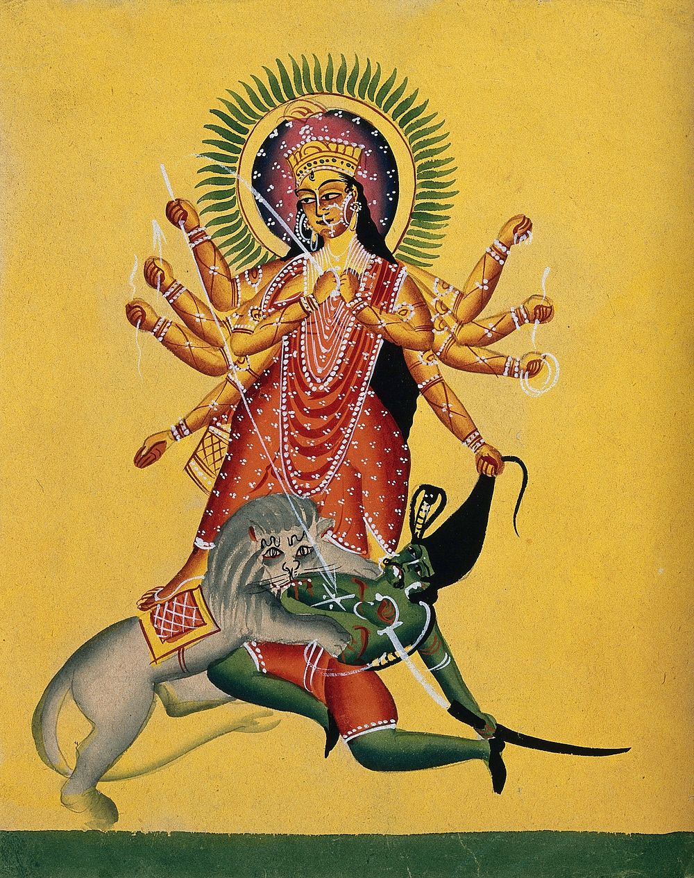 Durga kills the demon. Watercolour by an Indian artist, ca. 1890.