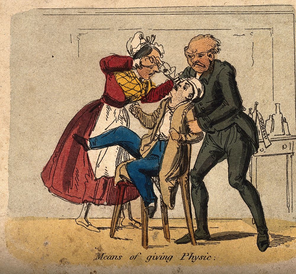 A doctor restraining a young man while a lady funnel-feeds his medicine. Coloured etching, c. 1840.