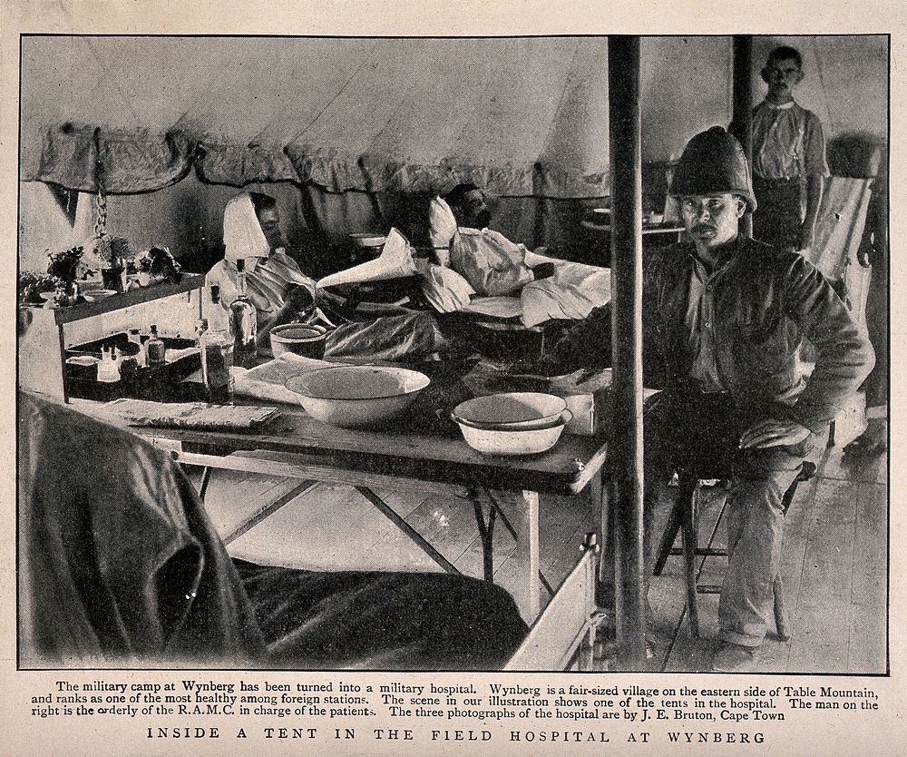Boer War: military staff and patients inside a tent in the Wynberg field hospital, South Africa. Halftone, 1900, after J.…