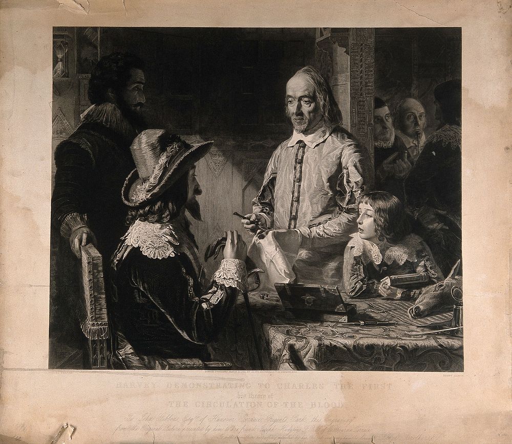William Harvey demonstrating the palpitations of the foetal heart of a deer to Charles I. Engraving by H. Lemon, 1851, after…