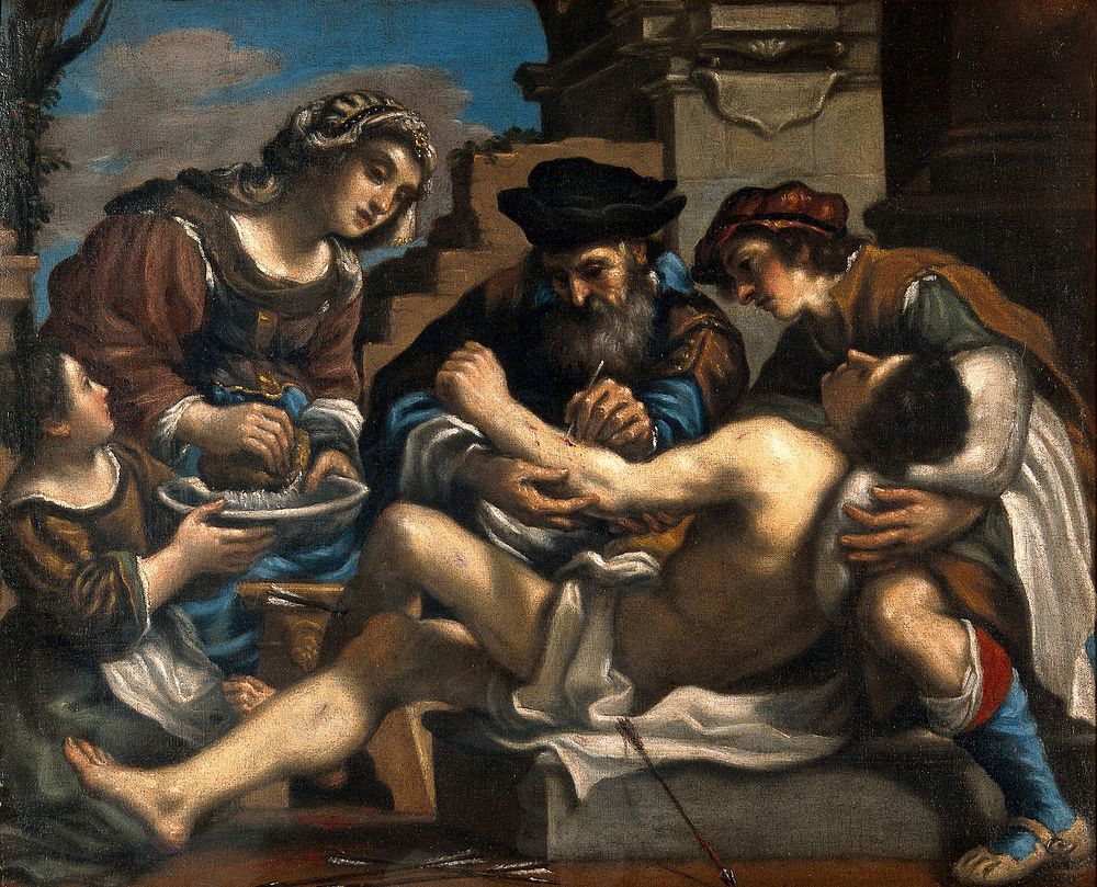 Saint Sebastian being succoured by a surgeon and others. Oil painting after Giovanni Francesco Barbieri, il Guercino.
