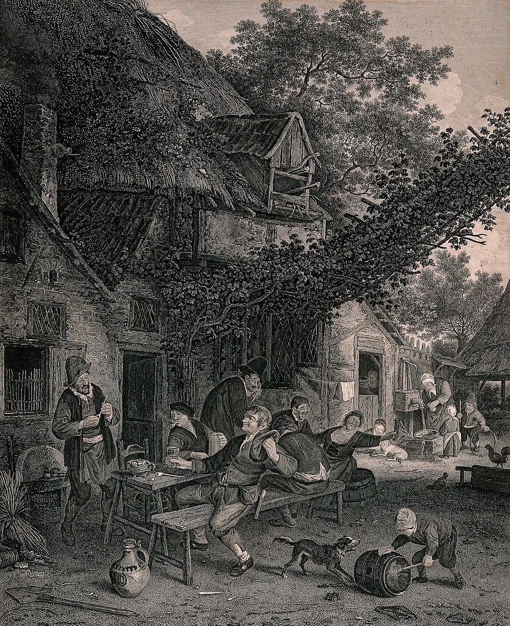 Six men and a woman drink and smoke round a table outside a country tavern, behind them children watch a woman pump water.…