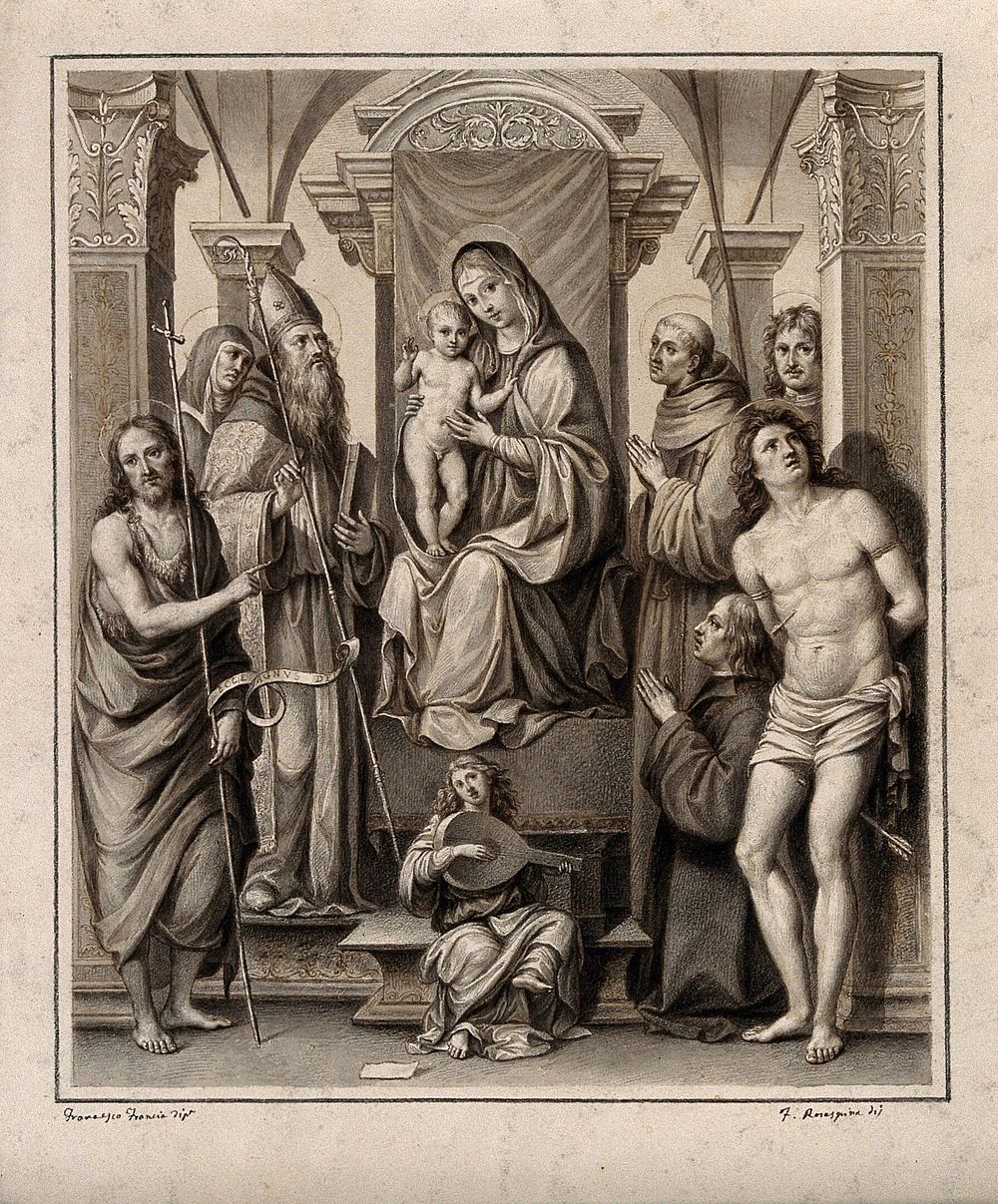 The Virgin Mary and Christ child with saints (the 'Felicini' altar piece). Drawing by F. Rosaspina, c. 1830, after F.…