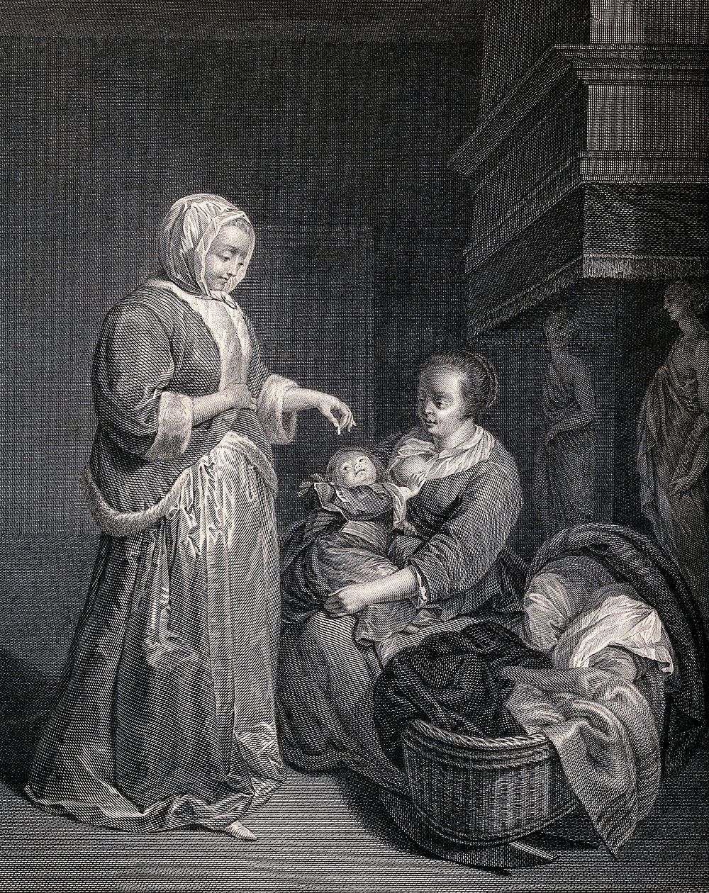 Two women tend to a child . Engraving.