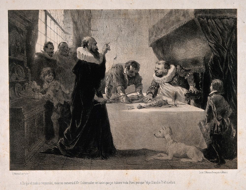 Sancho Panza (the squire of Don Quixote) , at a banquet, being starved for health reasons by his physician. Lithograph by C.…