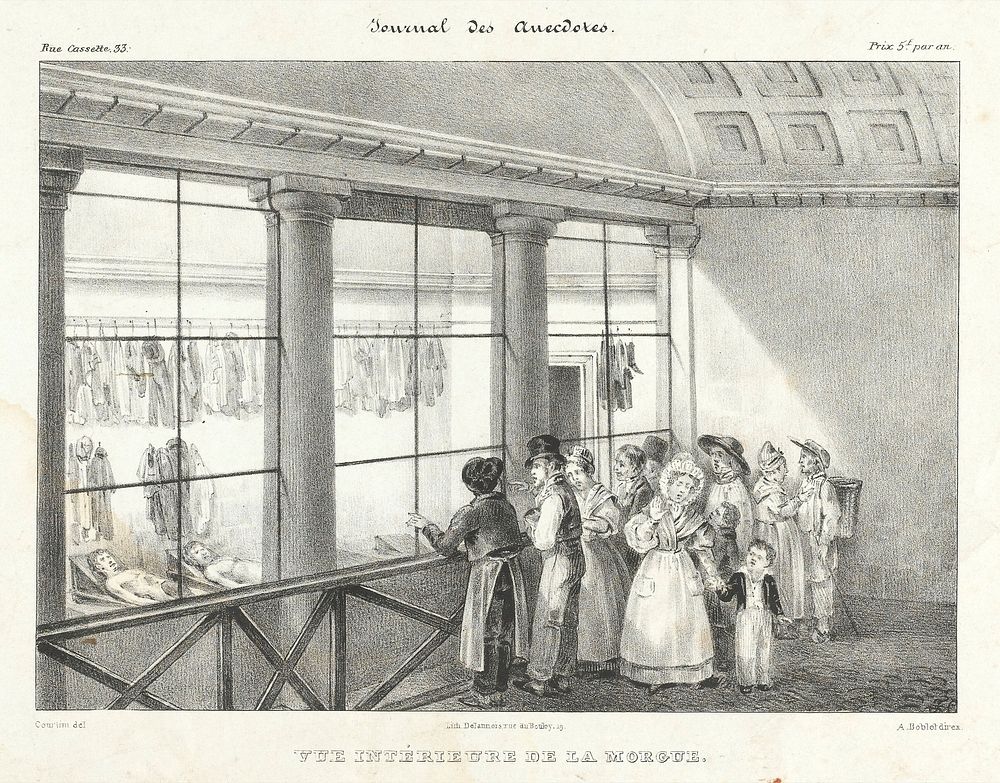 People visiting the morgue in Paris to view the cadavers. Lithograph by A. Boblet, 1833, after Cour .