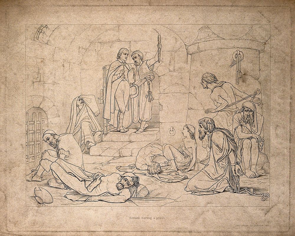 John Howard visiting a prison: prisoners laying on the floor, some chained to the wall. Etching by E. Webb, 1847, after E.…