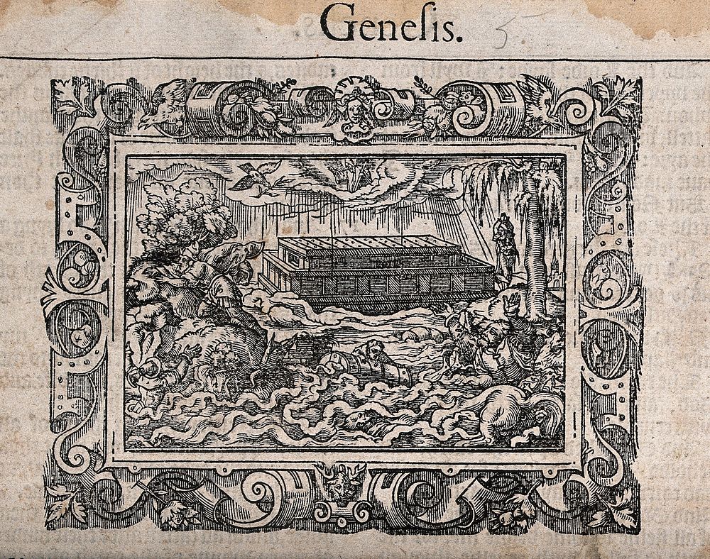 Noah's ark surrounded by drowning men; above, the dove holds the olive leaf in its beak, while God appears in a cloud…