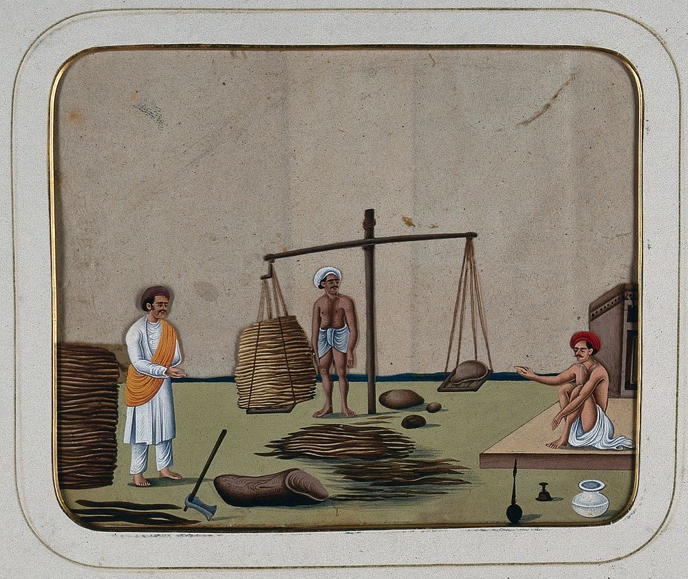 A man getting wood weighed before buying it from a woodcutter's shop. Gouache painting on mica by an Indian artist.
