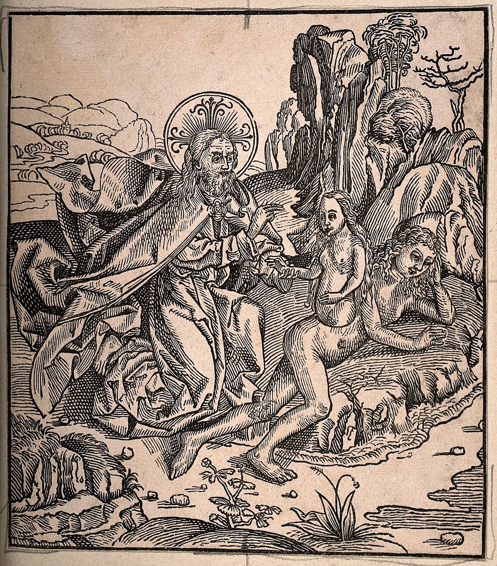 God creating Eve out of Adam and blessing her as she emerges into the splendors of Eden. Wood engraving.