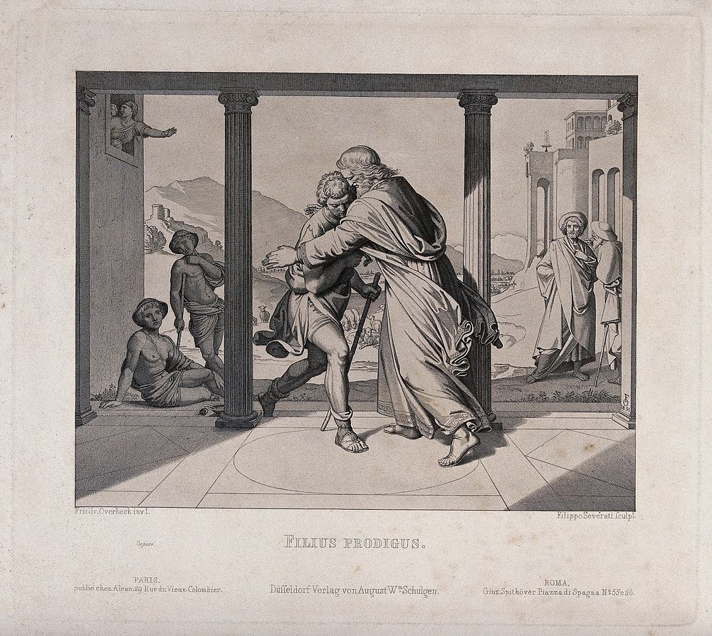 The prodigal son embraces his father. Etching by F. Severati after J.F. Overbeck, 1851.