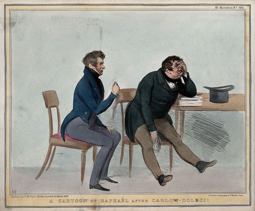 Alexander Raphael and Daniel O'Connell crying. Coloured lithograph by H.B. (John Doyle), 1836.
