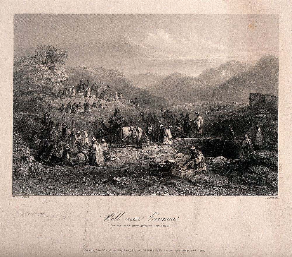 Figures, horses and camels gathering by the Well near Emmaus (Imwas), Jordan. Line engraving by C. Cousen after W.H.…