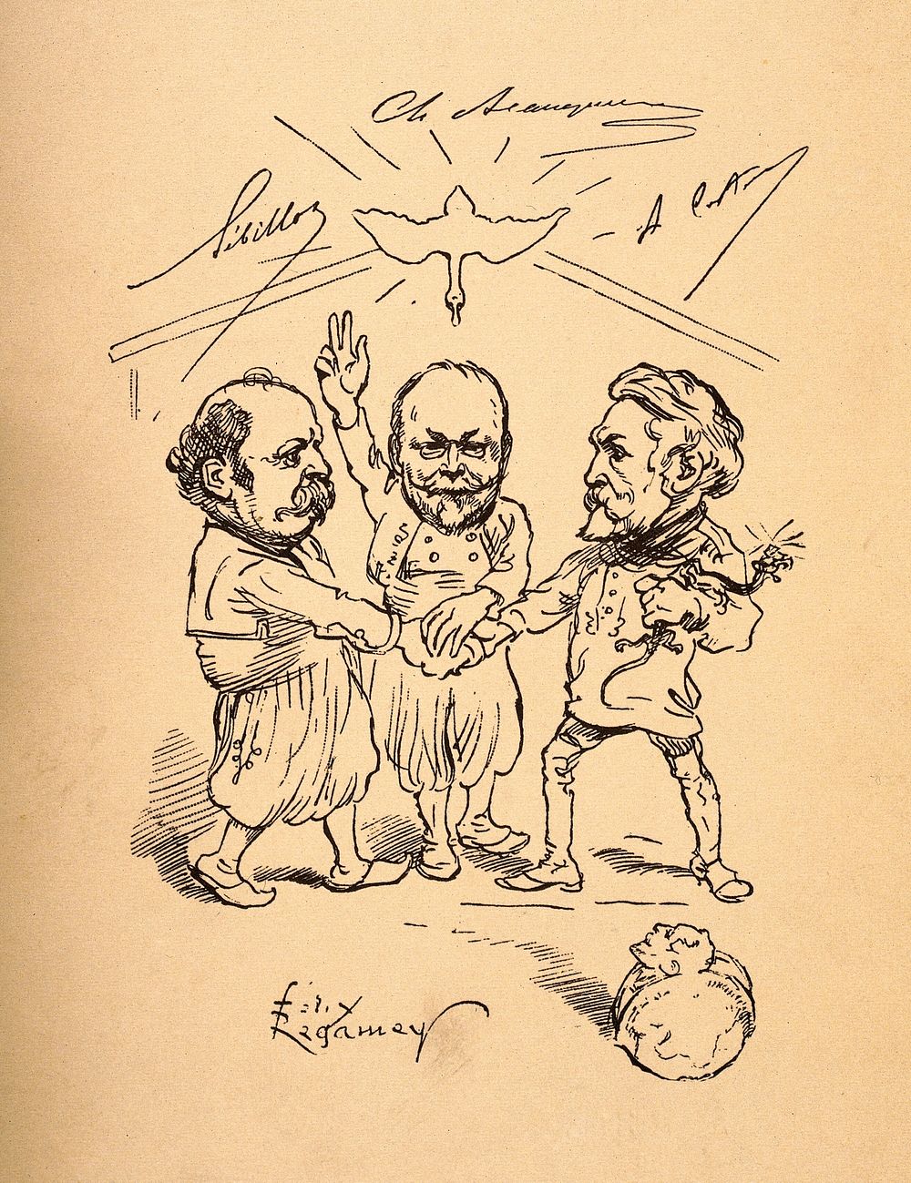 Two physicians are reconciled by another, overseen by a duck-like parody of the Holy Ghost. Lithograph by F.E. Regamey after…