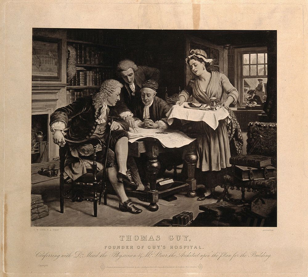 Thomas Guy meeting with others to discuss his hospital, a maidservant brings food and drink. Photogravure after C. W. Cope…