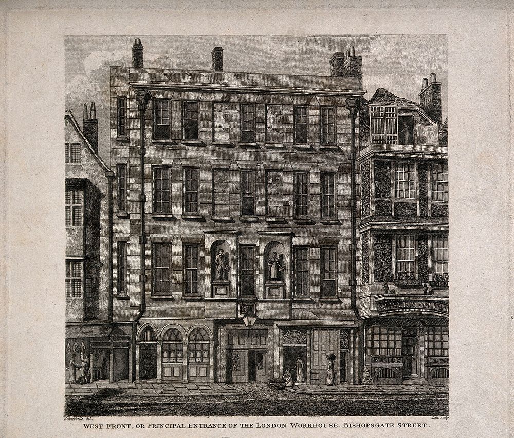 The London Workhouse: view of the street facade. Engraving by T. Dale after R. Schnebbelie, 1819.