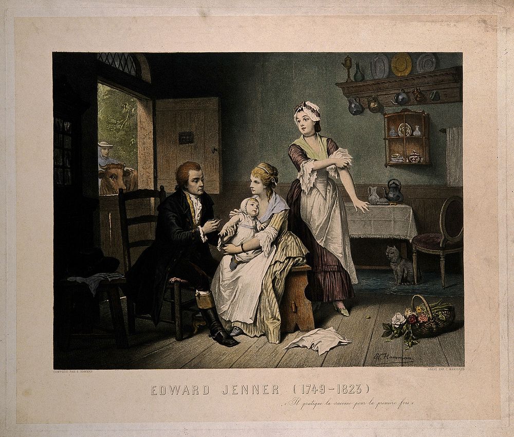 Edward Jenner vaccinating his son, held by Mrs Jenner; a maid rolls up her sleeve, a man stands outside holding a cow.…