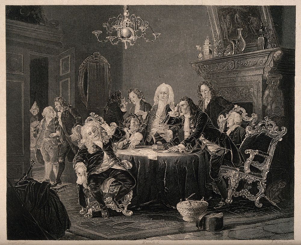A group of physicians having stormy discussions in an elaborately decorated room. Engraving by A.H. Payne after J. Geyer.