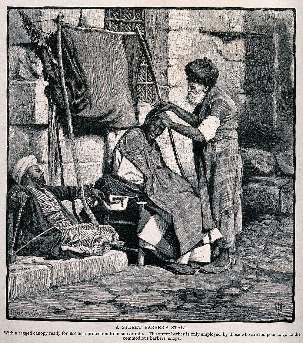 A street barber dressing a man's hair. Wood engraving by W.P.B. Closson.