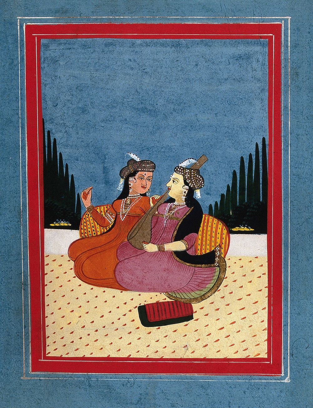 Two Persian  ladies sitting, one holding a musical instrument. Gouache painting by an Indian painter .
