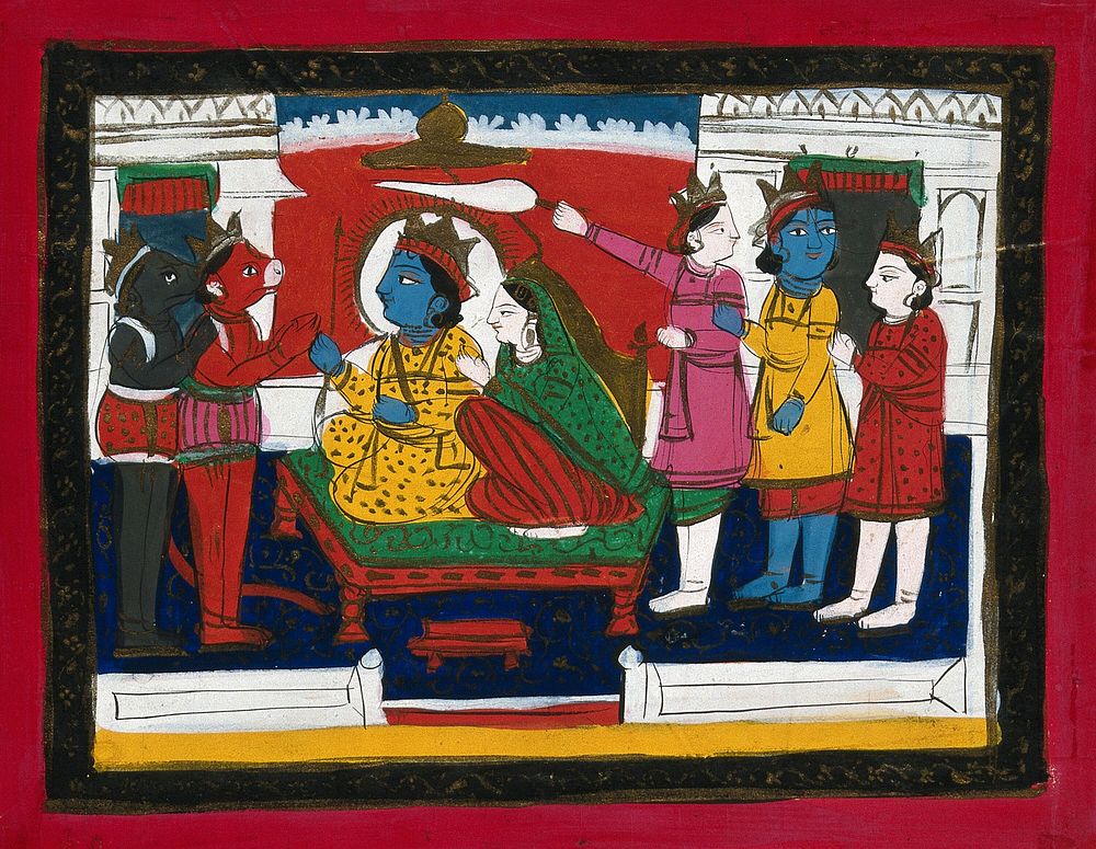 Page 158: Rama and Sita enthroned with Hanuman, Laksmana and others in attendance. Gouache drawing.