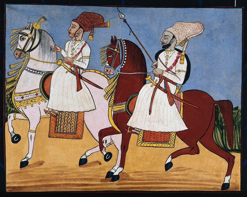 A male and female attendant riding on horses. Gouache painting by an Indian painter.