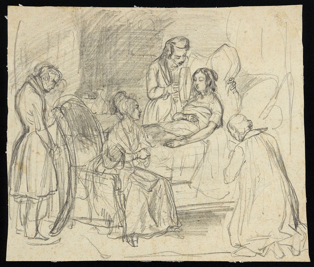 A young woman on her deathbed surrounded by four people: one of them holds a mirror in front of her. Drawing by H. Lalaisse…